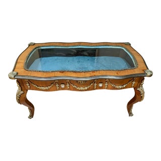 1930s French Tulip Wood Ormolu Coffee Table With Display Case For Sale