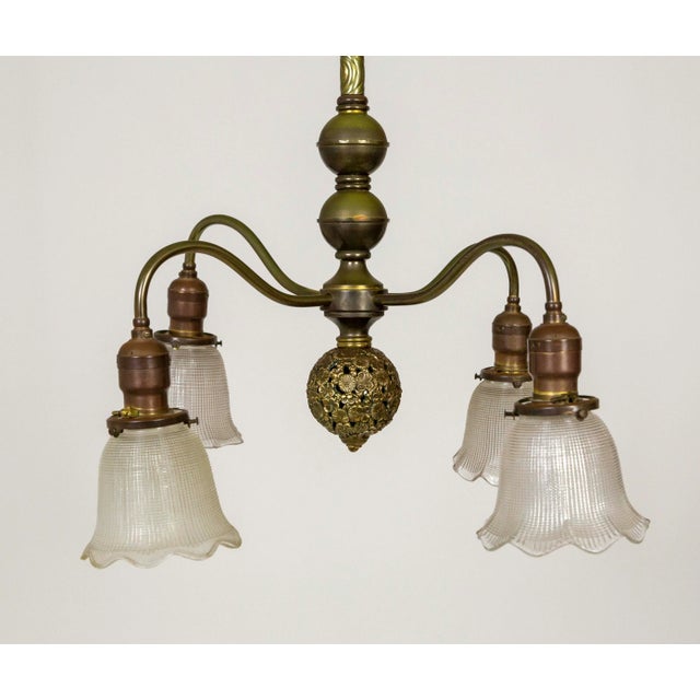 Victorian Victorian Brass Chandelier With Floral Ball & Bellflower Glass Shades For Sale - Image 3 of 13