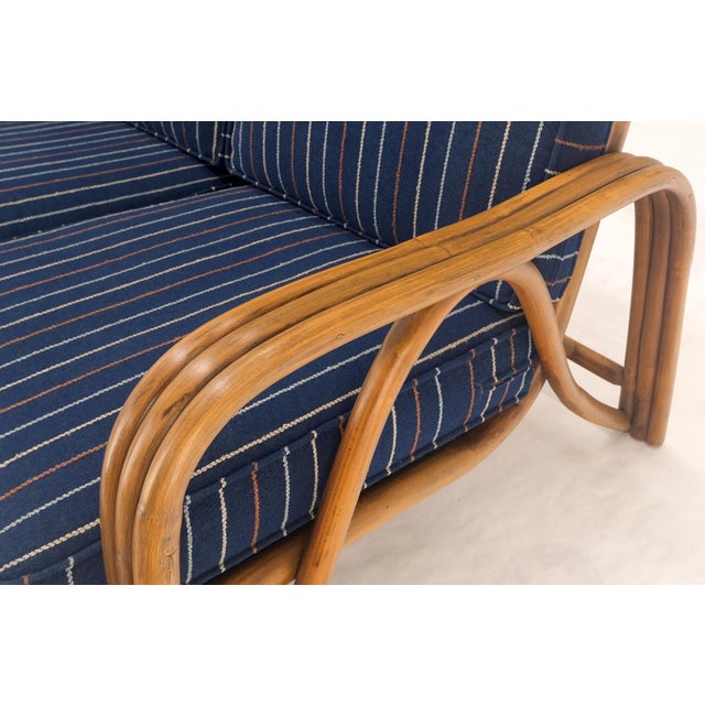1970s Striped Blue Upholstery Bamboo Frame Mid Century Modern Sofa MINT! For Sale - Image 10 of 17