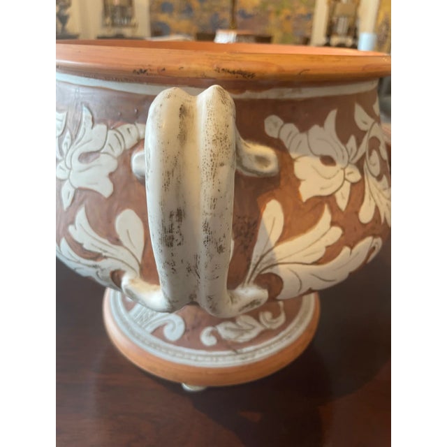 Terra Cotta Italian Hand Painted Two Piece Centerpiece/Planter Featuring an Upper Bowel With Handles For Sale - Image 8 of 13