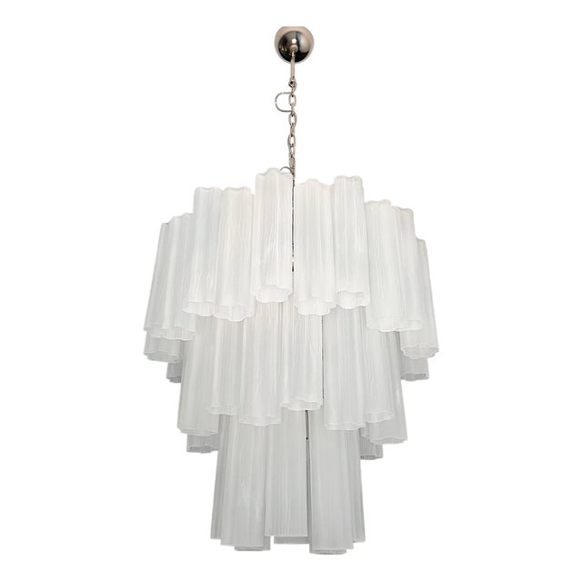 Large Three-Tier Venini Murano Glass Tube Chandelier in Etched Glass, 1990s For Sale
