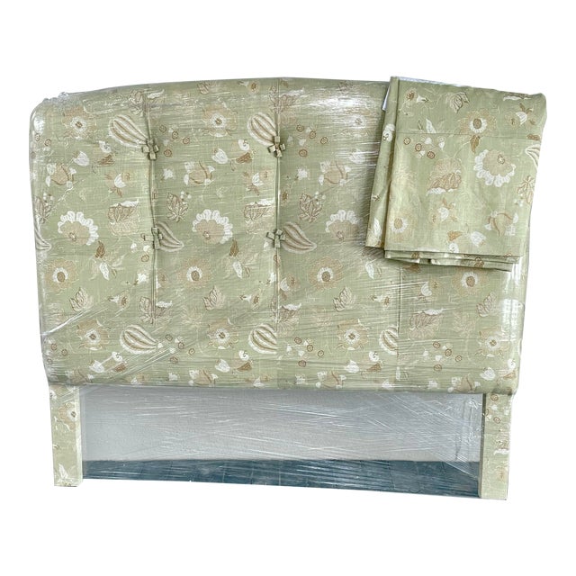 Vintage Upholstered Queen Headboard With Matching Pleated Bed Skirt, Robert Allen Linen Floral in Pistachio For Sale