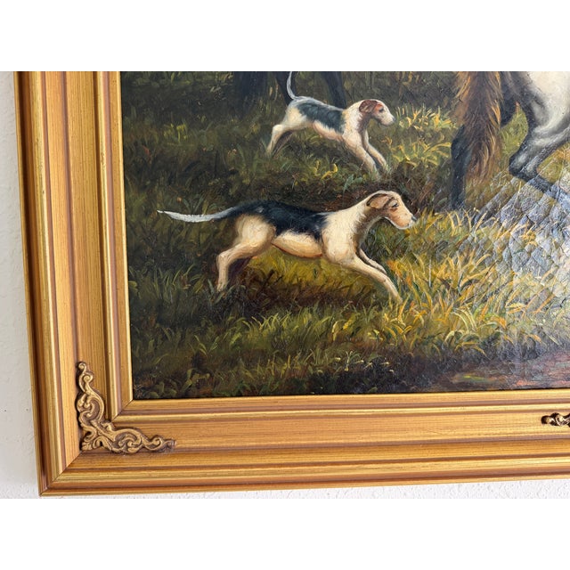 Late 20th Century Large Vintage Oil Painting English Fox Hunt Horses Hounds Hunting Scene Art For Sale - Image 5 of 15