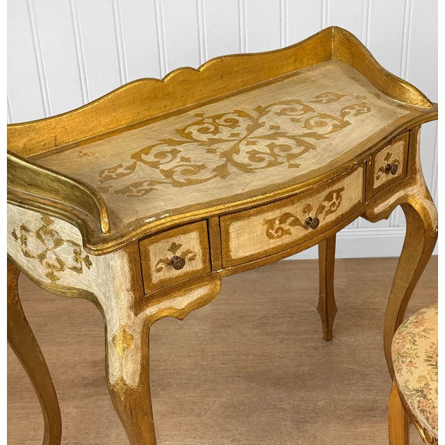 Gold Vintage Italian Rococo Gold Giltwood Writing Desk Vanity W/ Chair For Sale - Image 8 of 14