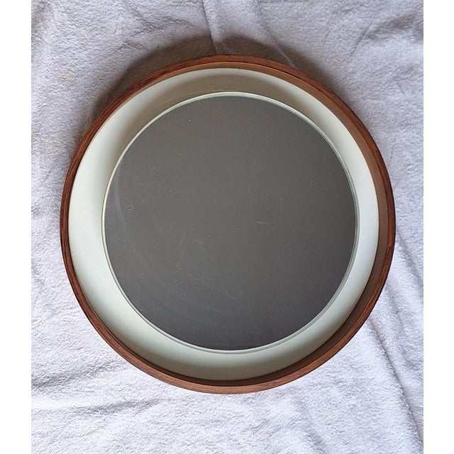 Vintage Round Illuminated Wall Mirror with Teak Frame, 1970s For Sale - Image 4 of 9