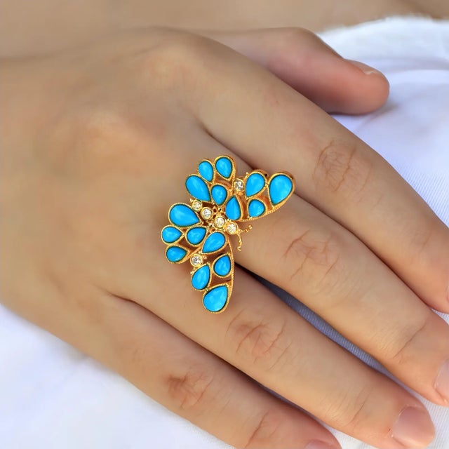 Nina Zhou Butterfly Turquoise Diamond Cocktail Ring in 14k Yellow Gold, size 10 For Sale - Image 10 of 12