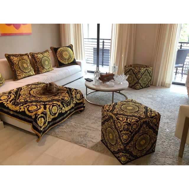 2010s 20th Century With Velvet Baroque Upholstery Black Gold Versace Ottomans - a Pair For Sale - Image 5 of 11