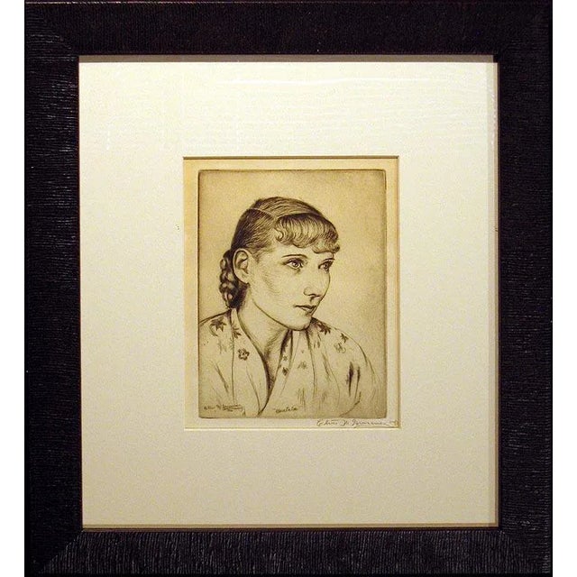 Elias M. Grossman "Beatrice" Hand Signed Dry Point Etching Framed, 1936 For Sale