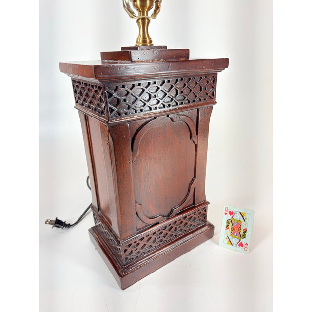 Cinnamon Vintage Wildwood Lamp Co., Chinese Chippendale Style Fretwork Wooden Tea Canister C. 1980' Table Lamps. For Sale - Image 8 of 12