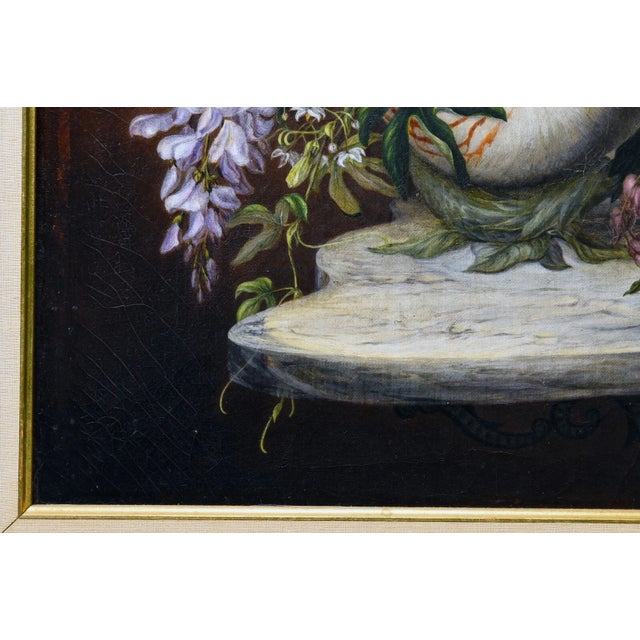 Green Fine 19th Century Oil on Canvas Painting Floral Still Life Flowers on a Ledge For Sale - Image 8 of 9