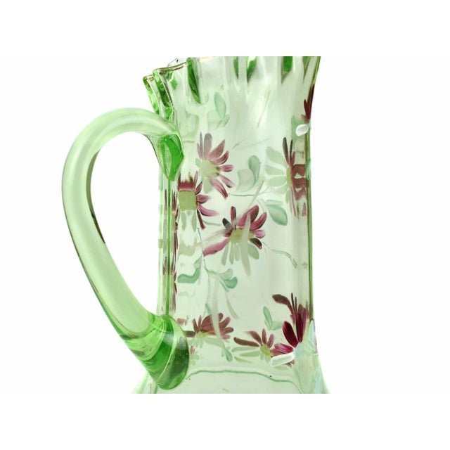 Early 20th Century Large Hand Blown Uranium Glass Pitcher With Ruffle