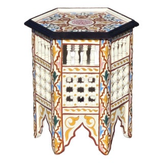Hand-Painted Moroccan-Style Hexagonal Side Table, Musharabi Beige For Sale