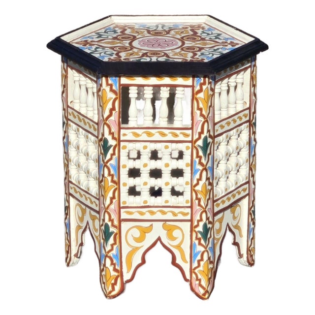 Hand-Painted Moroccan-Style Hexagonal Side Table, Musharabi Beige For Sale