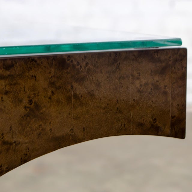 Late 20th Century Modern Geometric Crescent End or Side Table Burl Veneer With Rectangle Glass Top For Sale - Image 11 of 18