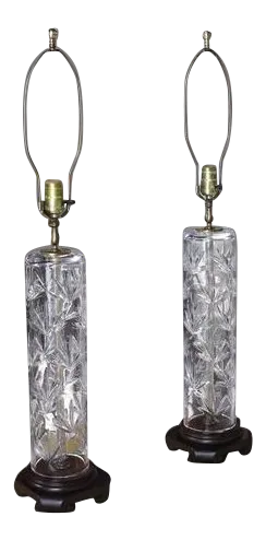 Vintage Mid Century Cut Crystal Cylinder Table Lamps- a Pair