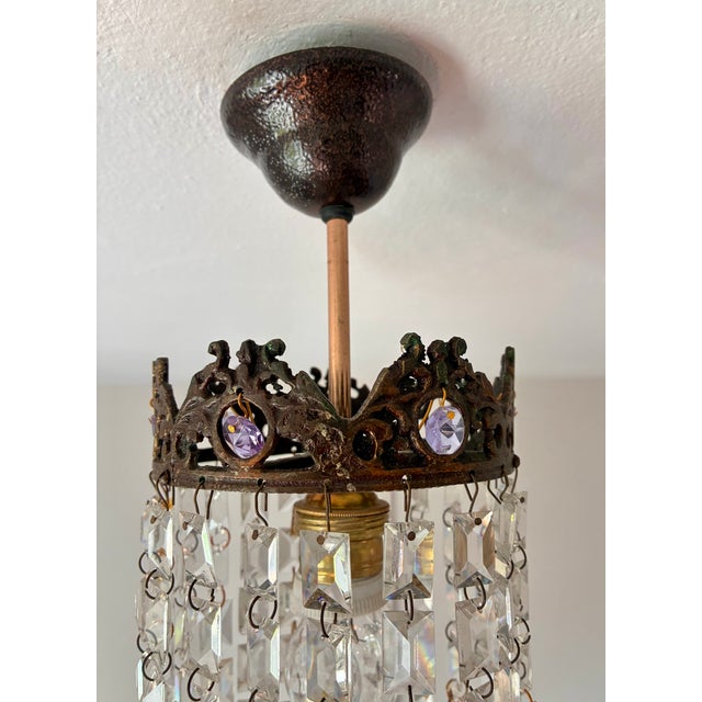 Small Vintage Crystal Chandelier – Bronze Filigree Crown & Amethyst Glass Accents For Sale - Image 11 of 18