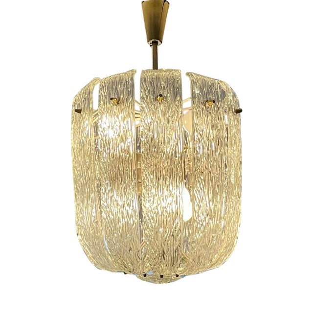 Mid-Century Modern Austrian Basket Chandelier in Brass and Curved Textured Glass by J. T. Kalmar, 1950s For Sale