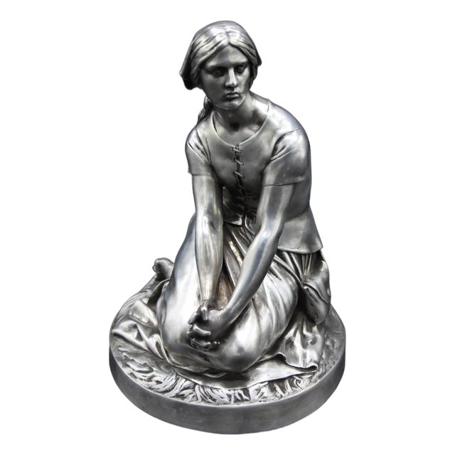 Chapu, Barbedienne Sculpture of Joan of Arc, 1800s, Bronze with Silver Patina For Sale