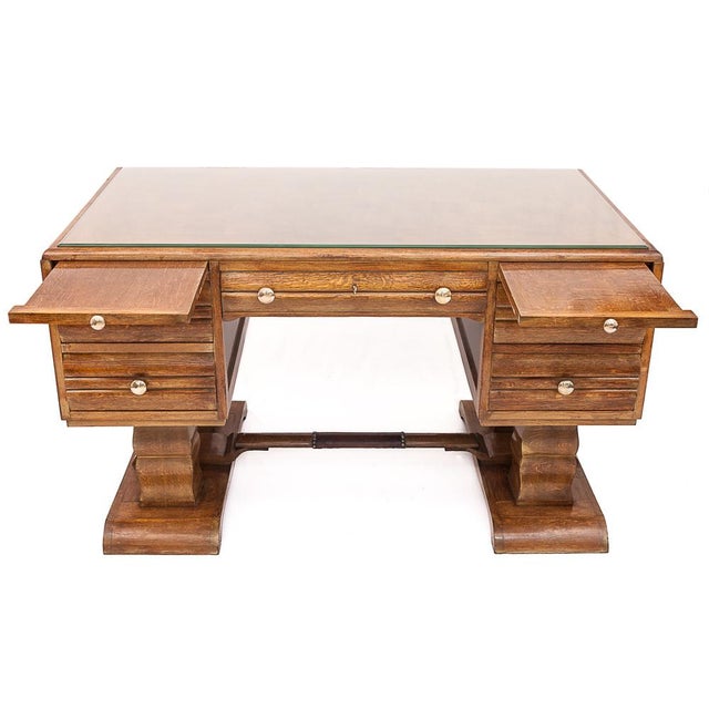 Oak art deco desk. Attributed to Charles Dudouyt. Tray with parquet patterns. Origin of origin in beveled glass in perfect...