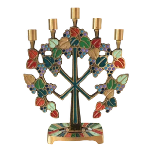 1970s Brass and Enamel Menorah Candle Holder by Terra Sancta Guild
