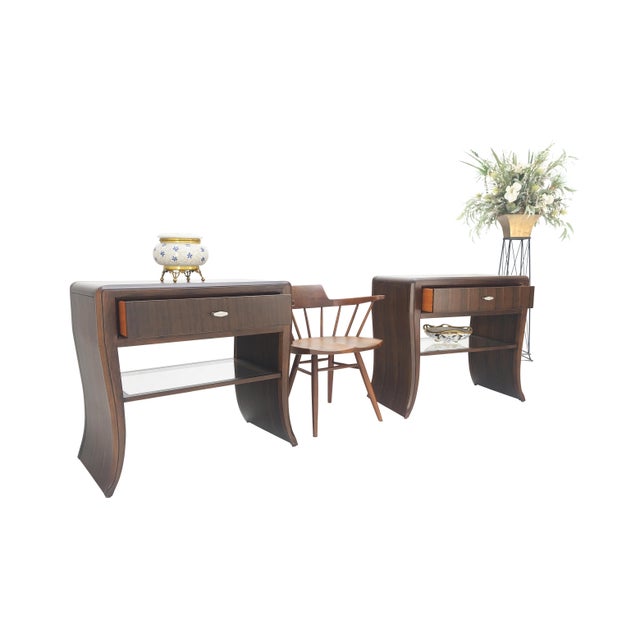 Early 20th Century Pair Century Walnut Waterfall Brand New Old Stock Two Tier Night Tables Stands For Sale - Image 5 of 14