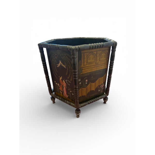 Vintage Metal Chinoiserie Waste Paper Basket For Sale - Image 4 of 8