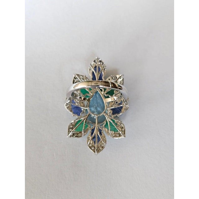 2020s Set in 18k Gold, Aquamarine, Blue Sapphires, Emeralds & Diamonds Cocktail Ring, Us Size 7 For Sale - Image 5 of 10