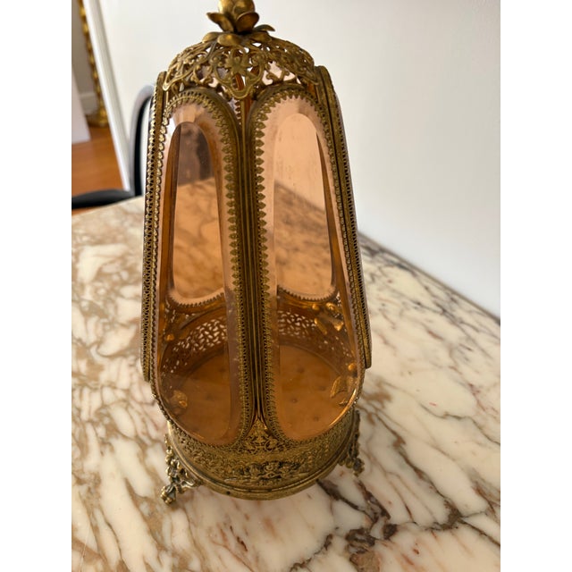 Vintage Hollywood Regency Amber Glass Hexagon Jewelry Casket Display For Sale - Image 10 of 11