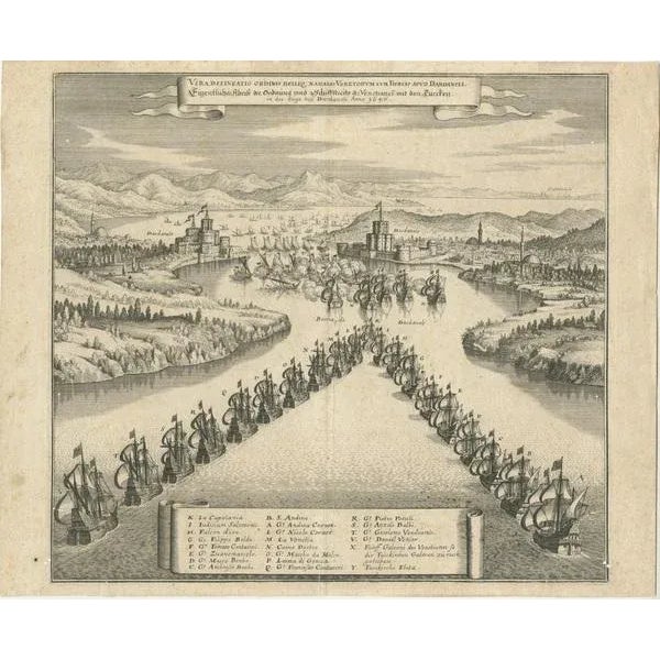 An engraving by Matthäus Merian senior depicting the "Sea battle of the Venetians against the Turks in the Dardanelles"...