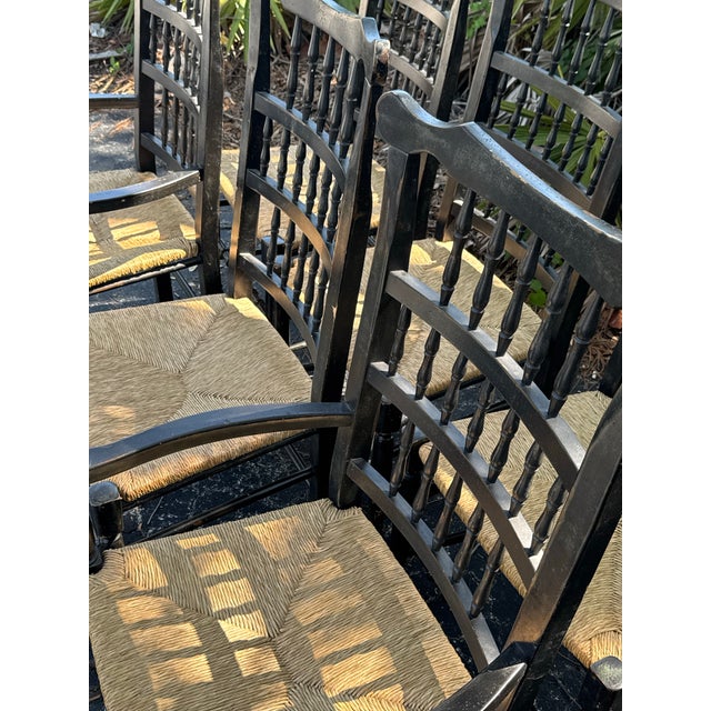 Set of 6 Vintage Black Painted Spindle-Back & Ladder-Back Rush Seat Dining Chairs For Sale - Image 12 of 12