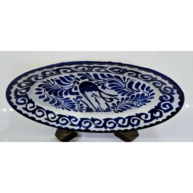 Mid 20th Century Anfora Mexico Blue and White Hand‑Painted Talavera‑Style Oval Platter For Sale In Dallas - Image 6 of 8