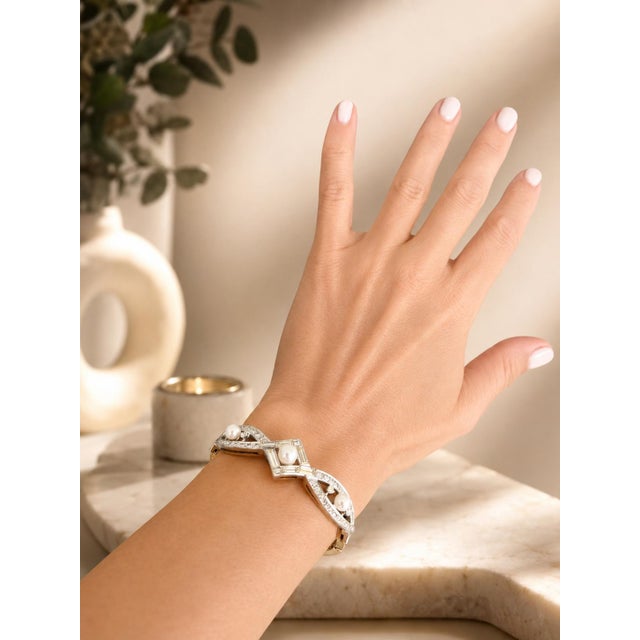 Vintage French Diamond and Pearl Bracelet, 14k Gold & Platinum, Circa 1950s For Sale - Image 16 of 16