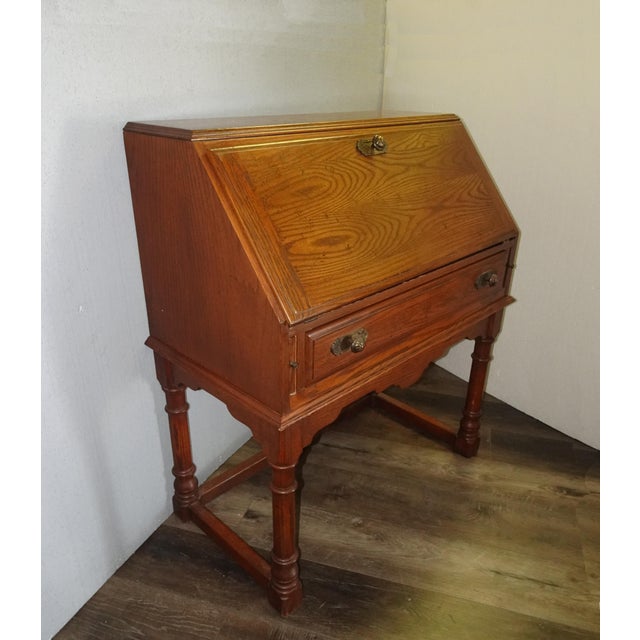 Lh25 Vintage French Country Drop Leaf Secretary Desk Solid Oak For Sale - Image 4 of 12
