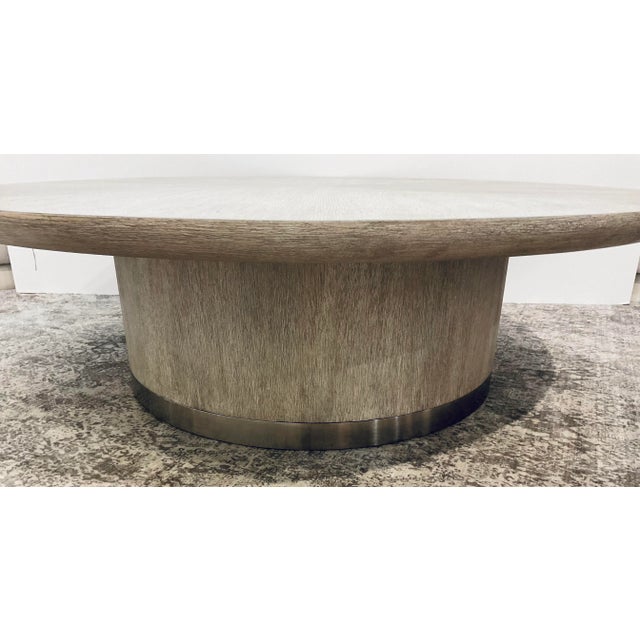 Original retail $3132, stylish Hooker Organic Modern Greige Wood Mood Cocktail Table, warm pewter metal band, showroom...