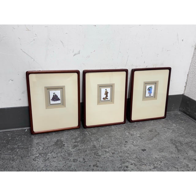Design Plus Gallery presents a Set of There Custom Framed Vintage Japanese Enamels. Each enamel panel is individually...