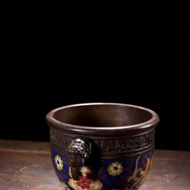 Vintage Cloisonné Enamel Censer With Beast Handles and Lotus Motif For Sale In Los Angeles - Image 6 of 9
