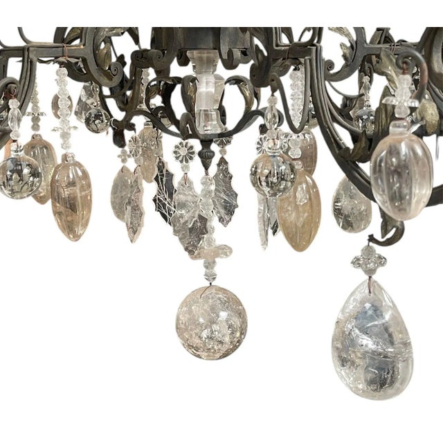 American Hand-Carved Rock Crystal and Wrought Iron Chandelier. u.s.a. Late 20th Century. For Sale - Image 3 of 5