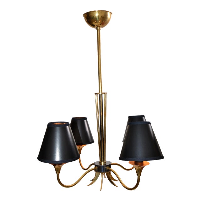 Maison Lunel Four-Light Chandelier Brass & Gun Metal French Mid-Century Modern For Sale