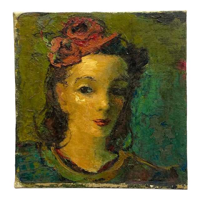 Sweet Expressive 1950s Portrait of a Woman Painting For Sale