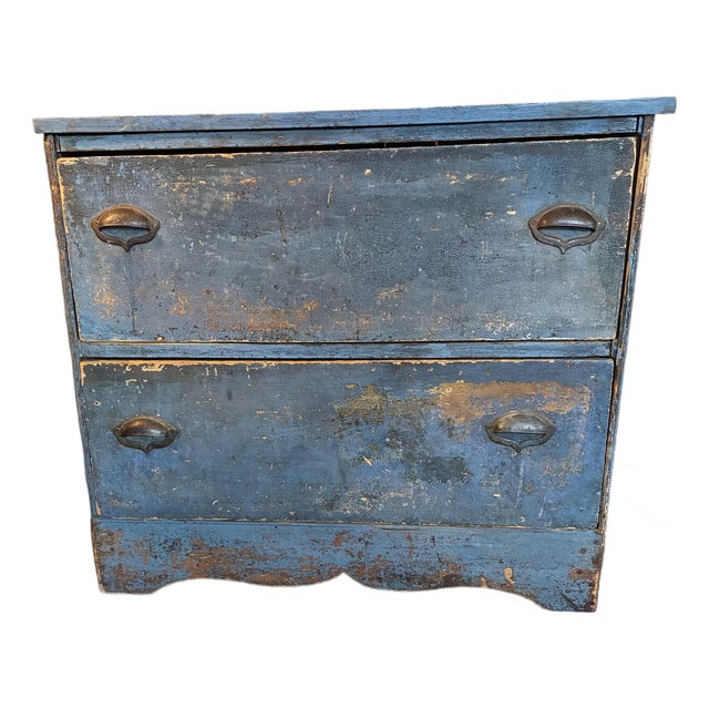 Early American Blue Painted Chest of Drawers With Two Long Drawers, Ogee-Form Base in Front and Sides For Sale