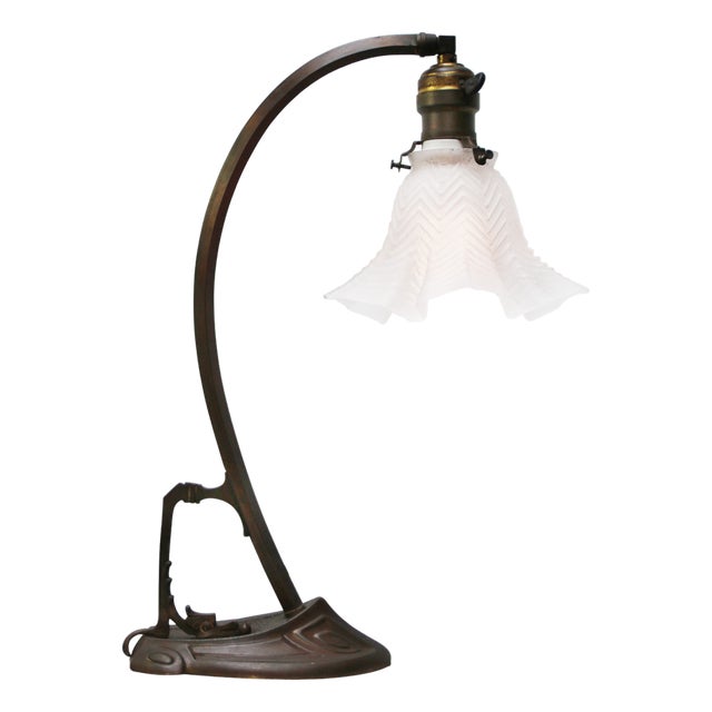 Art Nouveau French Brass & Frosted Glass Desk Light For Sale