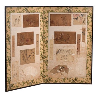 Antique Japanese Two-Panel Screen with Painting Collage, 1900 For Sale