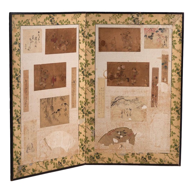 Antique Japanese Two-Panel Screen with Painting Collage, 1900 For Sale