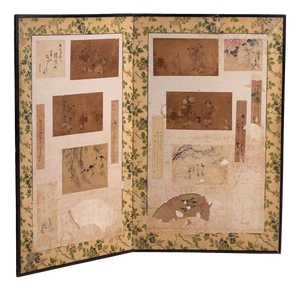Antique Japanese Two-Panel Screen with Painting Collage, 1900