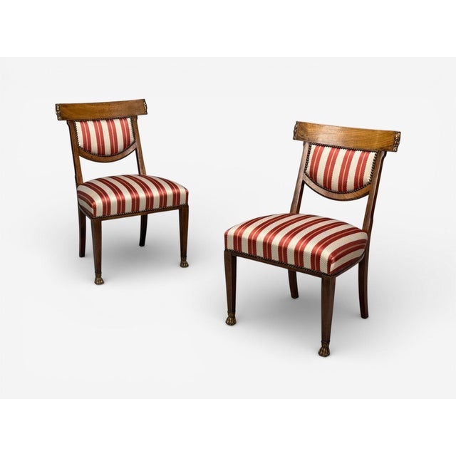 Neoclassical Style, Occasional or Side Chairs, Carved Wood, Silk, England, 19th c. Pair of stained wood and silk...