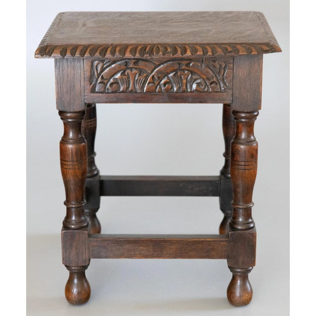 Early 20th Century Antique English Carved Tiger Oak Joint Stool Side Table For Sale - Image 5 of 10