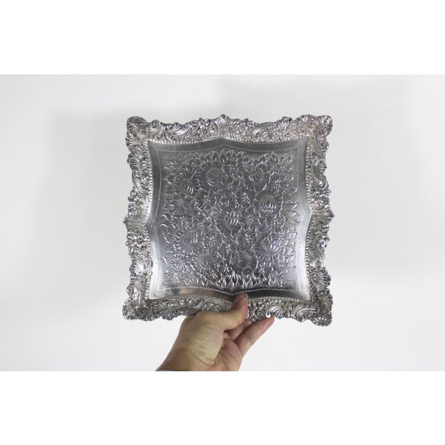 Ornate Silver Plated Square Tray Platter Vintage Plate Embossed Chased Serving For Sale - Image 13 of 14