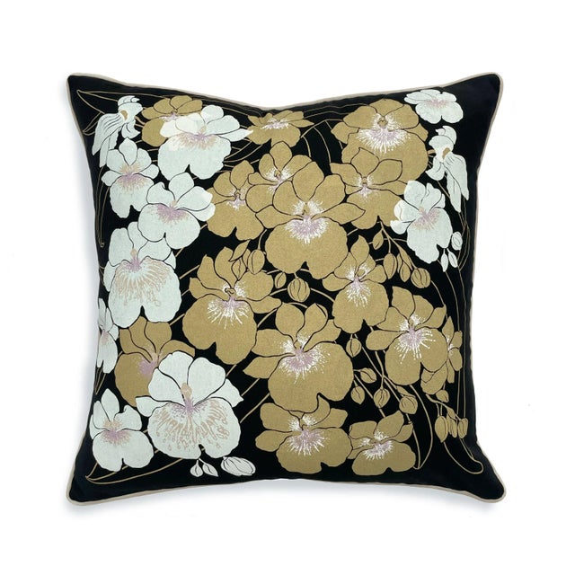 White Orchids Cascade, 22" Throw Pillow, Black, White and Gold For Sale - Image 4 of 4