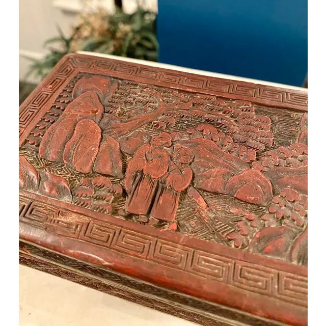 Old Chinese Cinnabar Box on a Carved Wooden Stand For Sale - Image 4 of 13