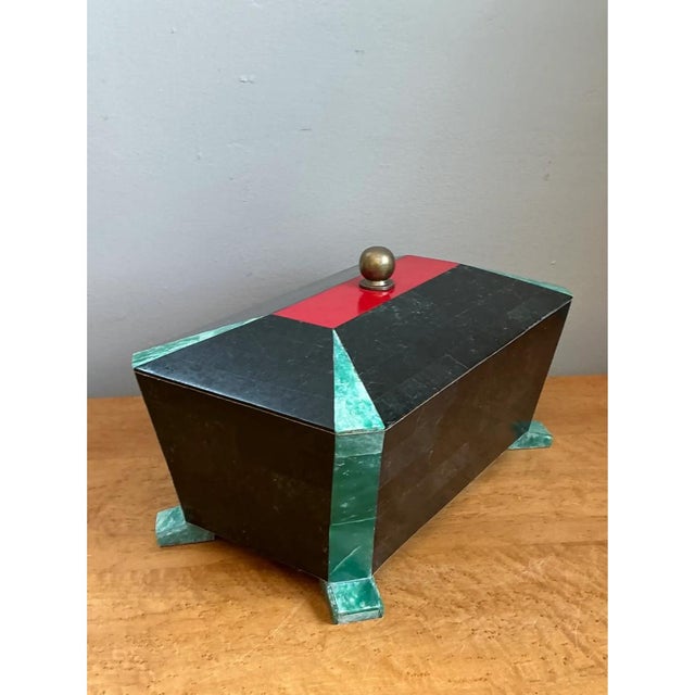 Dark Green Vintage Art Deco Stone Inlay Box For Sale - Image 8 of 12